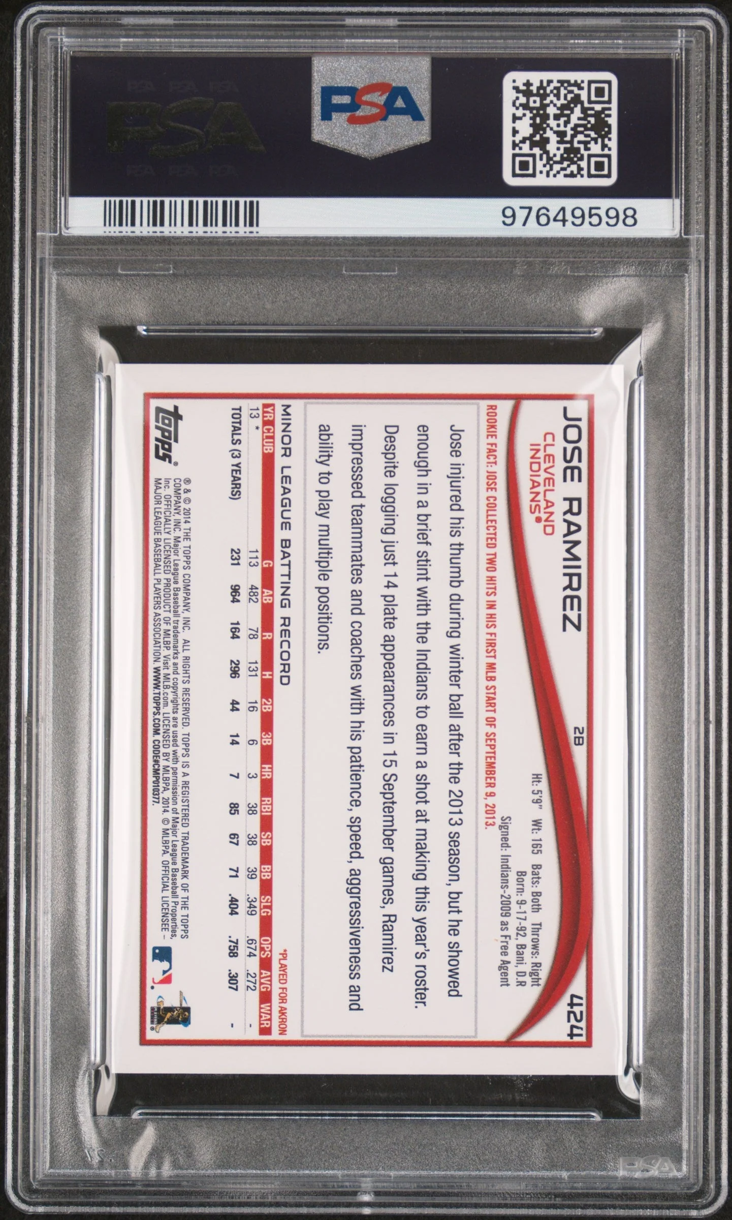 Graded 2014 Topps Jose Ramirez #424 Rookie RC Baseball Card PSA 10 Gem Mint - Image 2