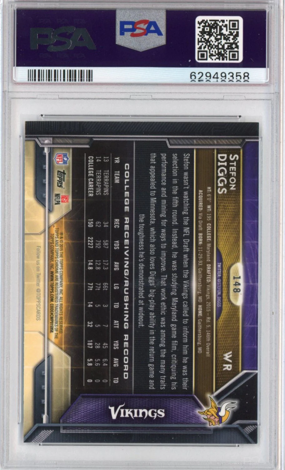 Graded 2015 Topps Chrome Stefon Diggs #148 Refractor Rookie RC Football Card PSA 10 Gem Mint - Image 2