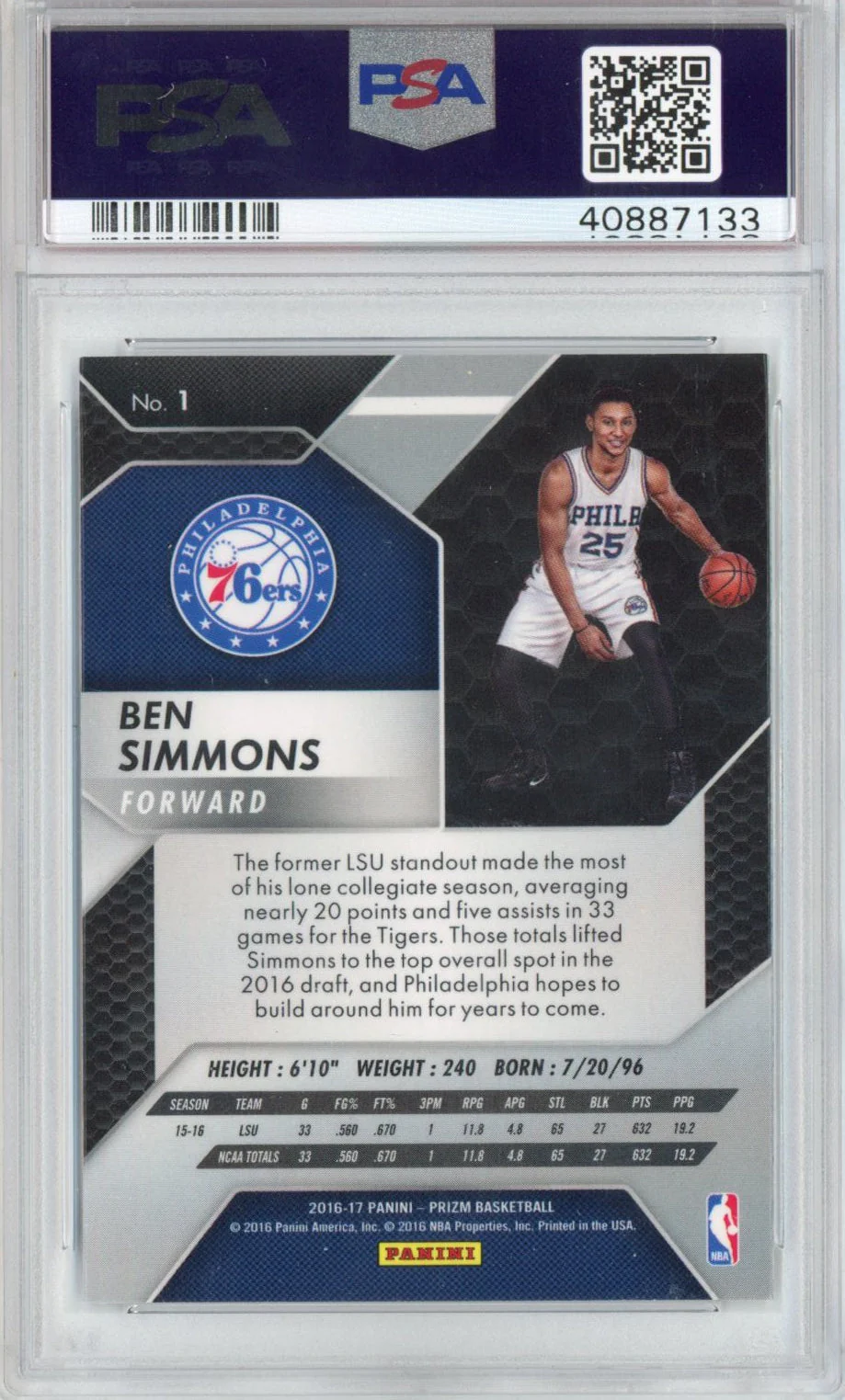 Graded 2016-17 Panini Prizm Ben Simmons #1 Rookie RC Basketball Card PSA 10 Gem Mint - Image 2