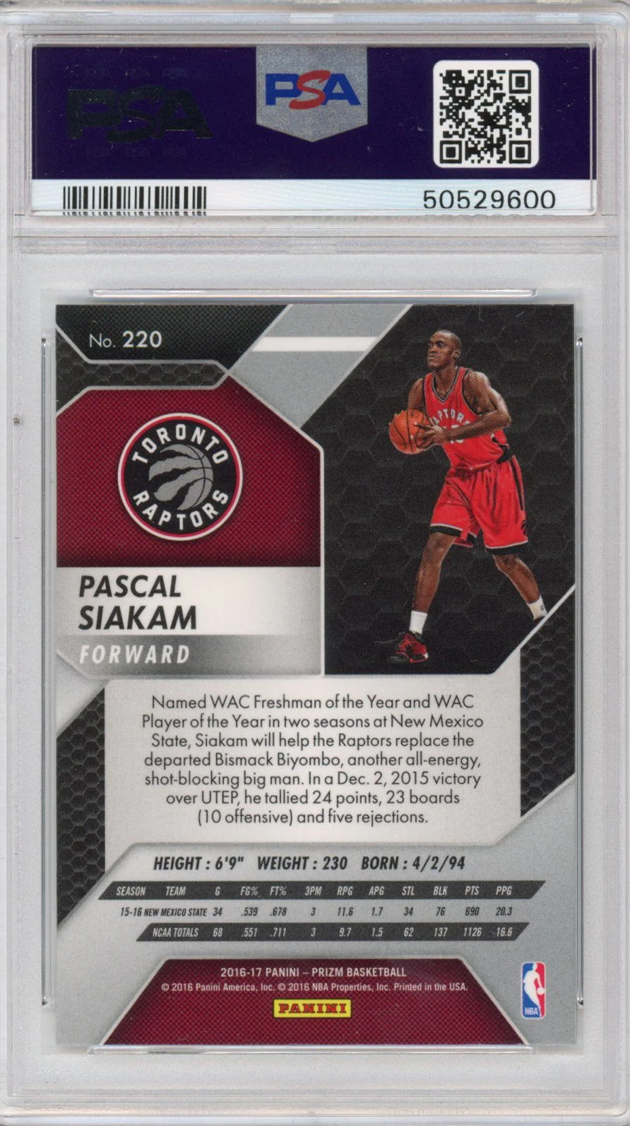 Graded 2016-17 Panini Prizm Pascal Siakam #220 Rookie RC Basketball Card PSA 10 Gem Mint - Image 2