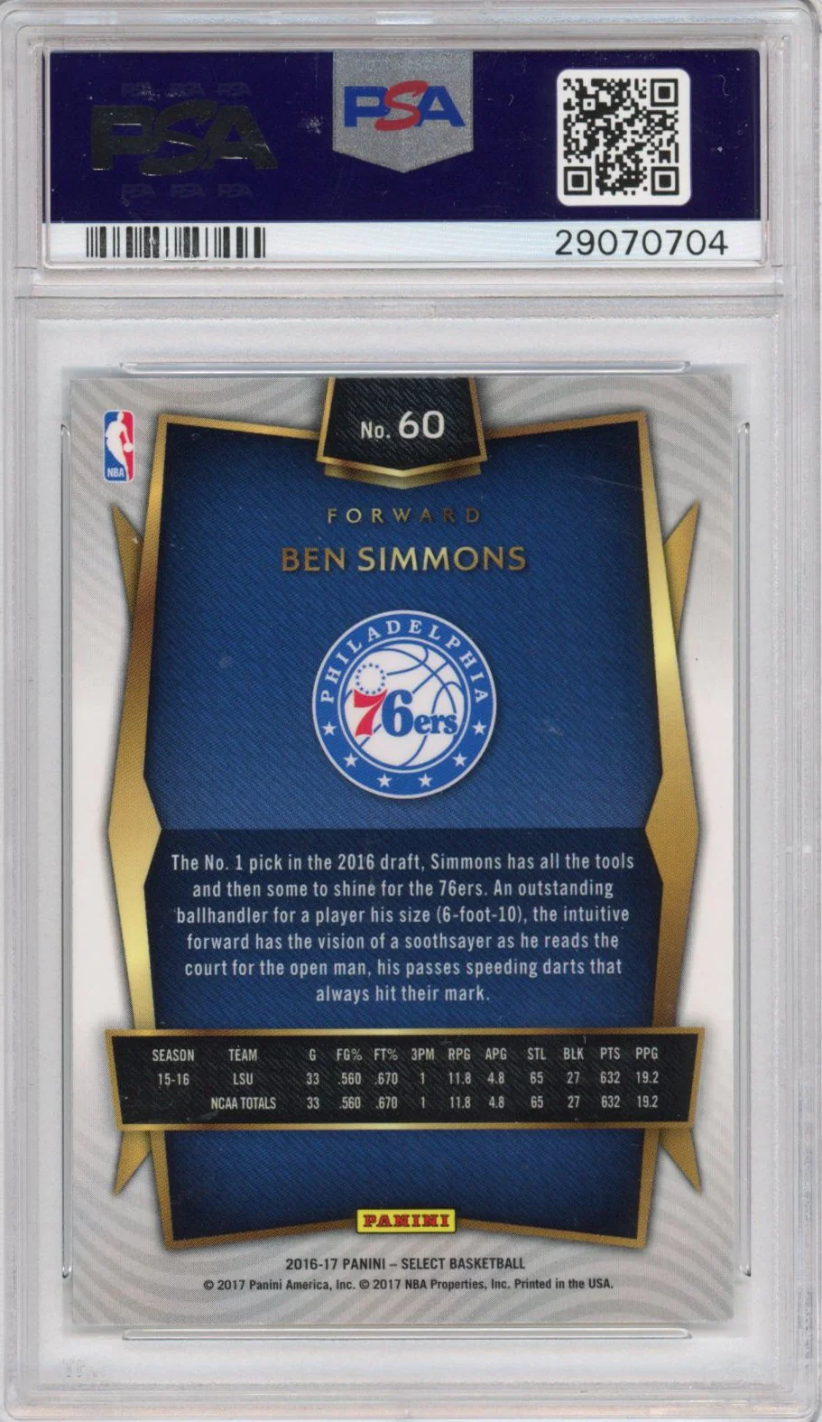 Graded 2016-17 Panini Select Ben Simmons #60 Rookie RC Basketball Card PSA 10 Gem Mint - Image 2