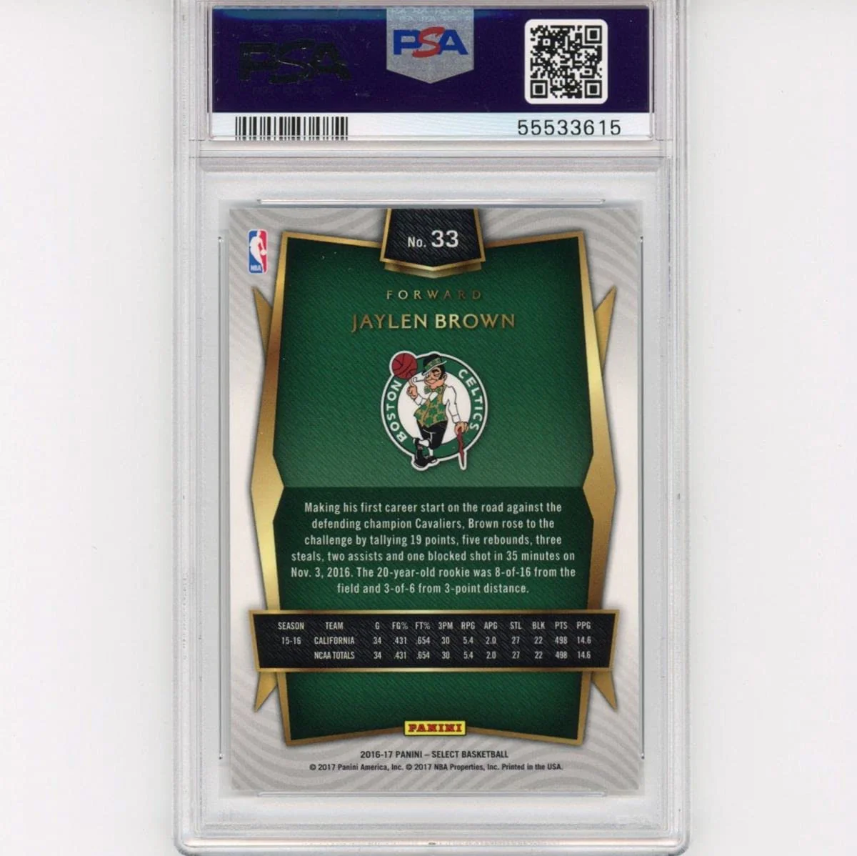 Graded 2016-17 Panini Select Jaylen Brown #33 Rookie RC Basketball Card PSA 10 Gem Mint - Image 2