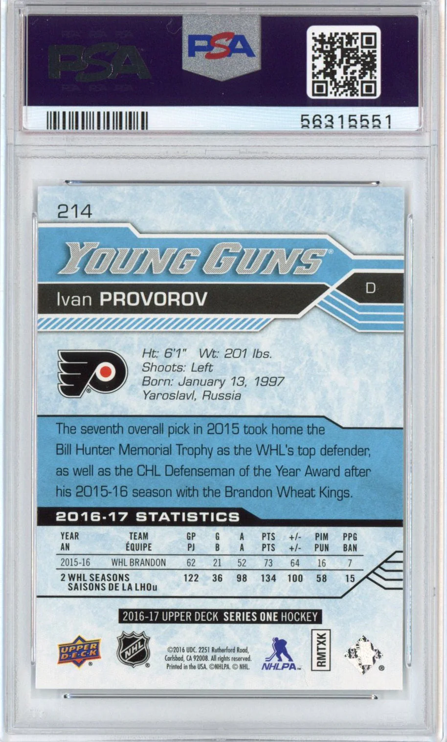 Graded 2016-17 Upper Deck UD Ivan Provorov #214 Rookie RC Hockey Card PSA 10 Gem Mint - Image 2