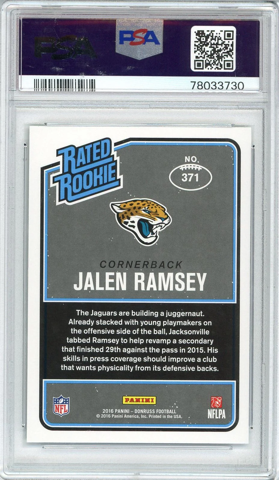 Graded 2016 Panini Donruss Jalen Ramsey #371 Rookie RC Football Card PSA 10 Gem Mint - Image 2