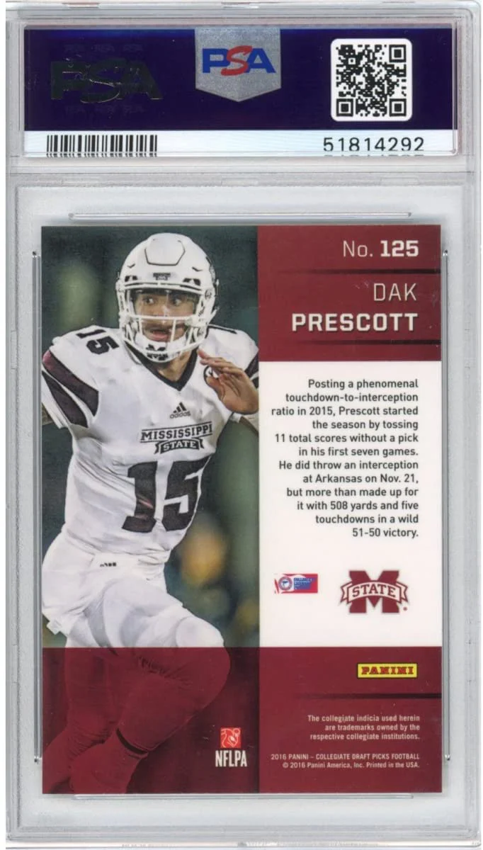 Graded 2016 Panini Prizm College Draft Picks Dak Prescott #125 Rookie RC Football Card PSA 10 Gem Mint - Image 2