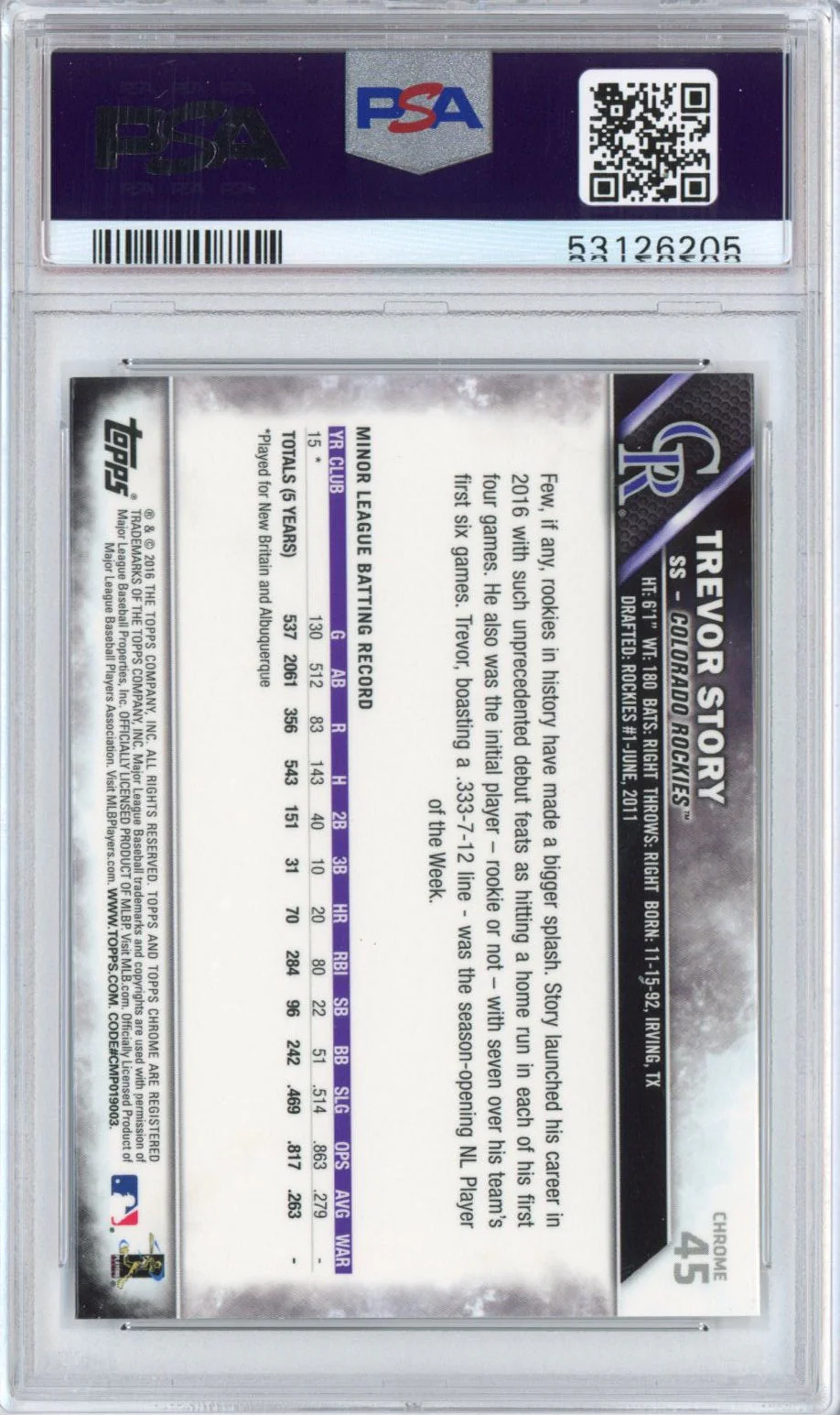 Graded 2016 Topps Chrome Trevor Story #45 Rookie RC Baseball Card PSA 10 Gem Mint - Image 2