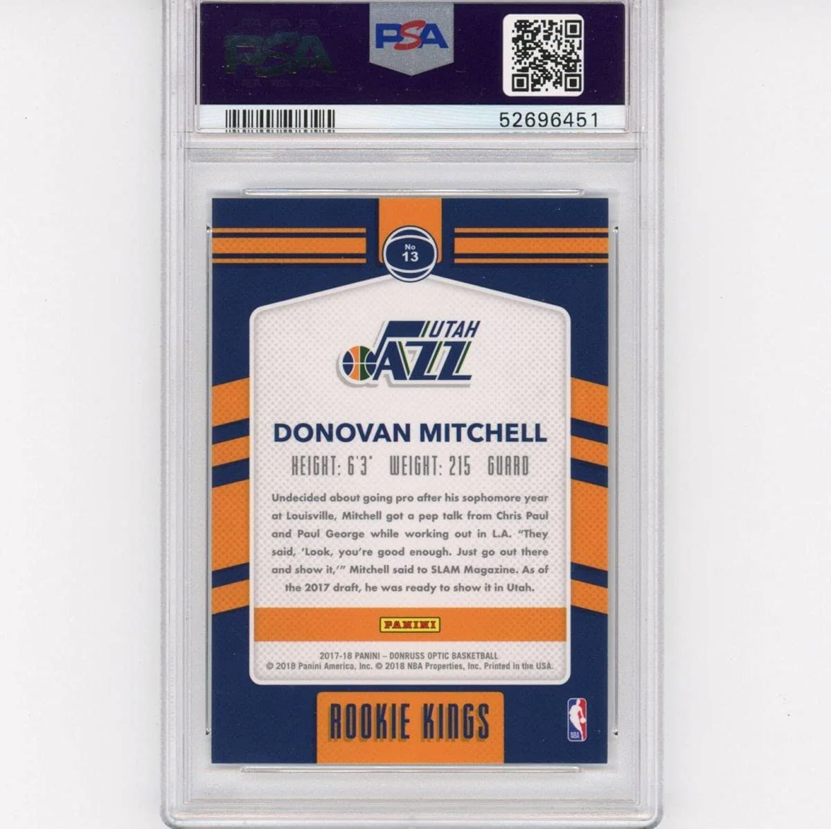 Graded 2017-18 Panini Donruss Optic Donovan Mitchell #13 Rookie Kings RC Basketball Card PSA 10 Gem Mint - Image 2