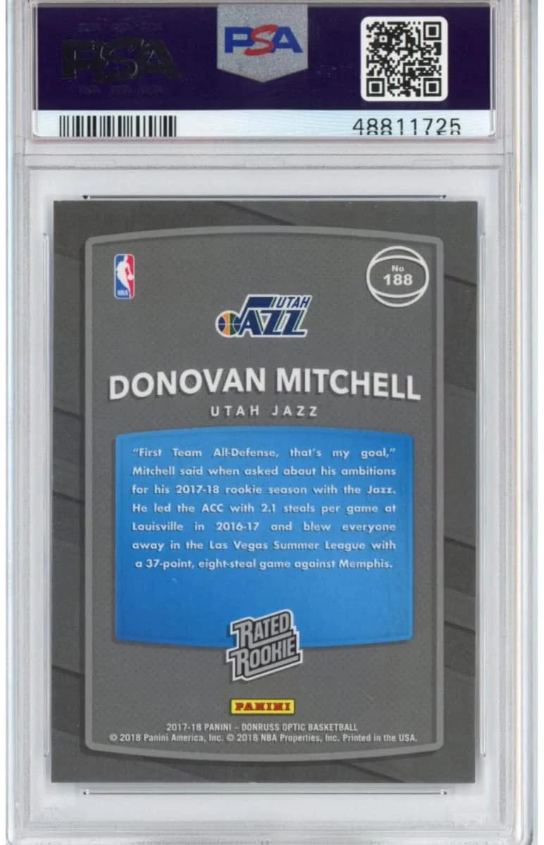 Graded 2017-18 Panini Donruss Optic Donovan Mitchell #188 Rookie RC Basketball Card PSA 10 Gem Mint - Image 2