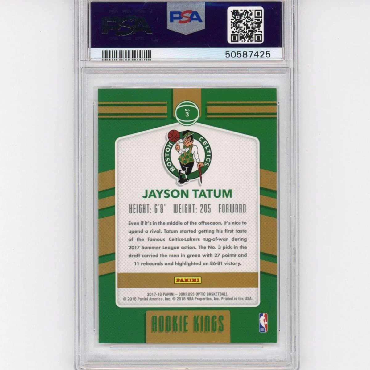 Graded 2017-18 Panini Donruss Optic Jayson Tatum #3 Rookie Kings RC Basketball Card PSA 10 Gem Mint - Image 2