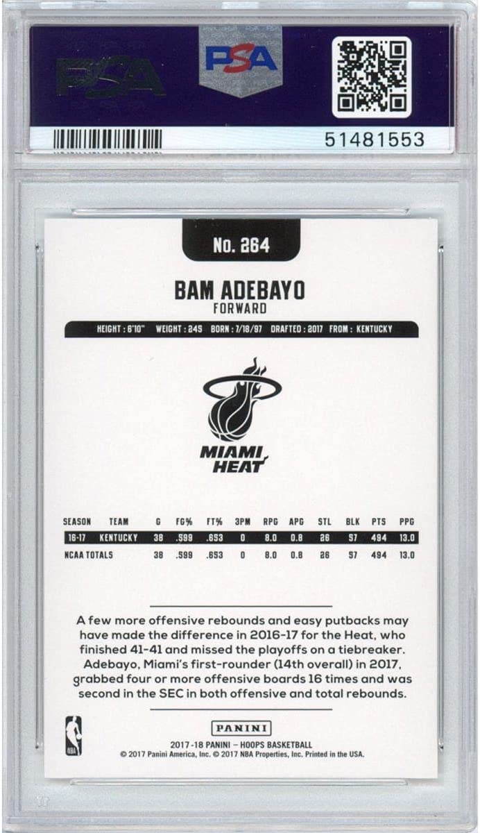 Graded 2017-18 Panini Hoops Bam Adebayo #264 Rookie RC Basketball Card PSA 10 Gem Mint - Image 2
