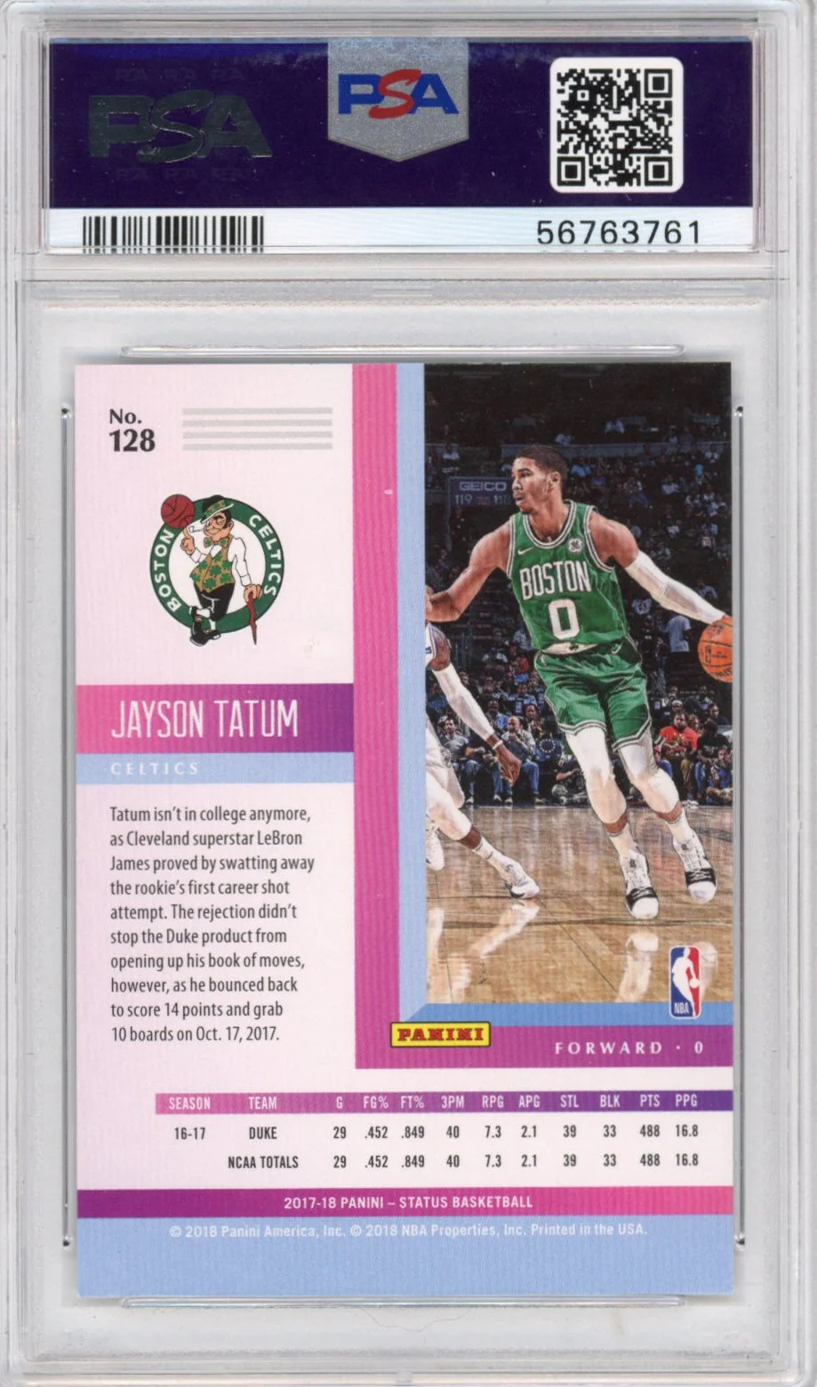 Graded 2017-18 Panini Status Jayson Tatum #128 Rookie RC Basketball Card PSA 10 Gem Mint - Image 2