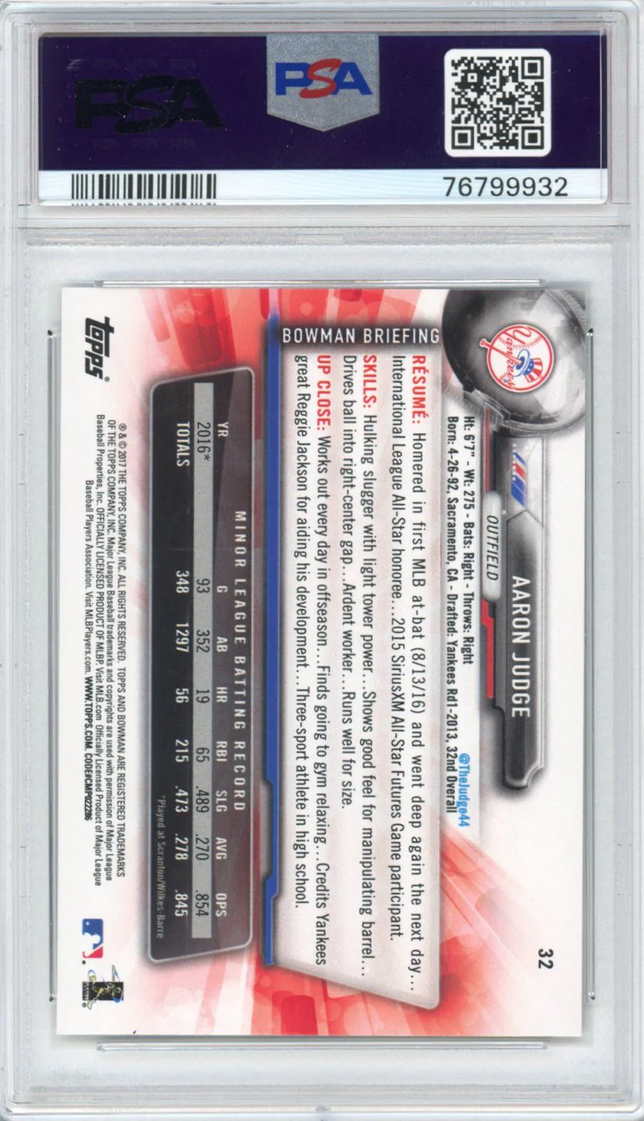 Graded 2017 Bowman Aaron Judge #32 Rookie RC Baseball Card PSA 10 Gem Mint - Image 2