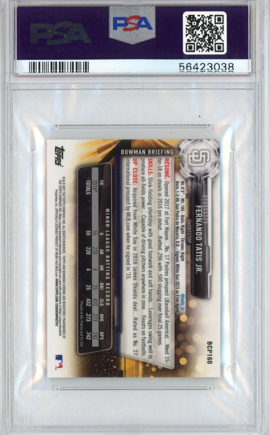 Graded 2017 Bowman Chrome Mini Fernando Tatis Jr. #BCP160 Prospects Rookie RC Baseball Card PSA 10 Gem Mint - Image 2