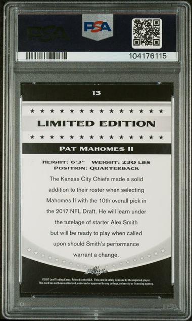 Graded 2017 Leaf Draft Patrick Mahomes II #13 Special Release Limited Edition Rookie RC Football Card PSA 9 Mint - Image 2