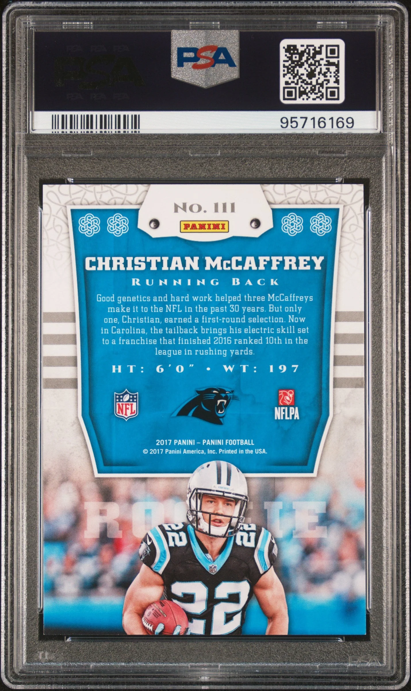 Graded 2017 Panini Christian McCaffrey #111 Rookie RC Football Card PSA 10 Gem Mint - Image 2
