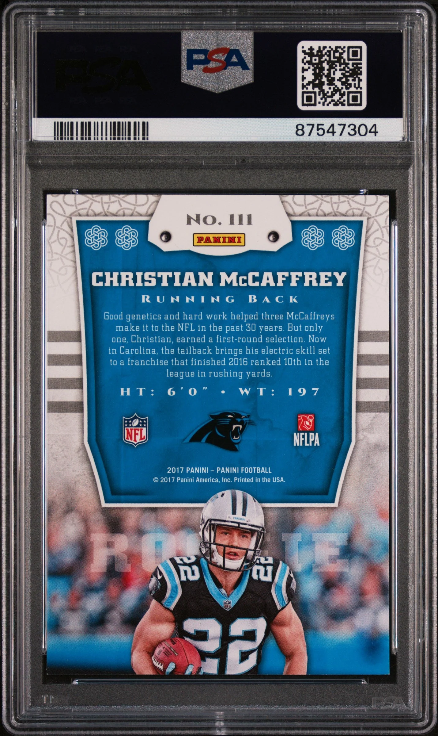 Graded 2017 Panini Christian McCaffrey #111 Rookie RC Football Card PSA 9 Mint - Image 2