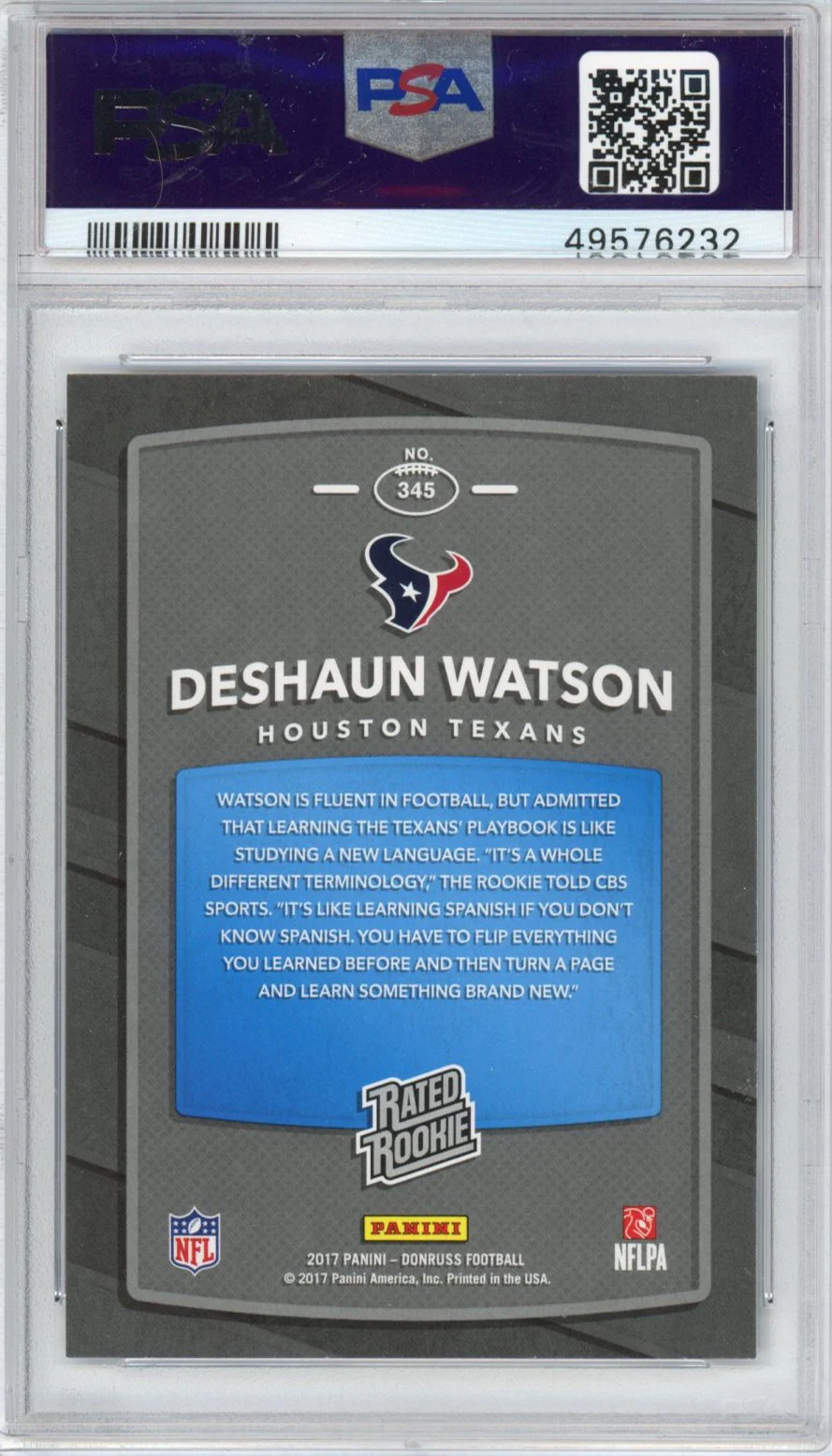 Graded 2017 Panini Donruss Deshaun Watson #345 Rookie RC Football Card PSA 10 Gem Mint - Image 2