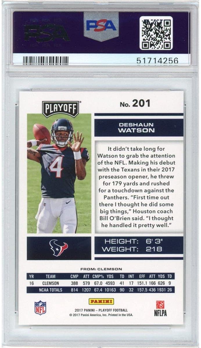 Graded 2017 Panini Playoff Deshaun Watson #201 Rookie RC Football Card PSA 10 Gem Mint - Image 2
