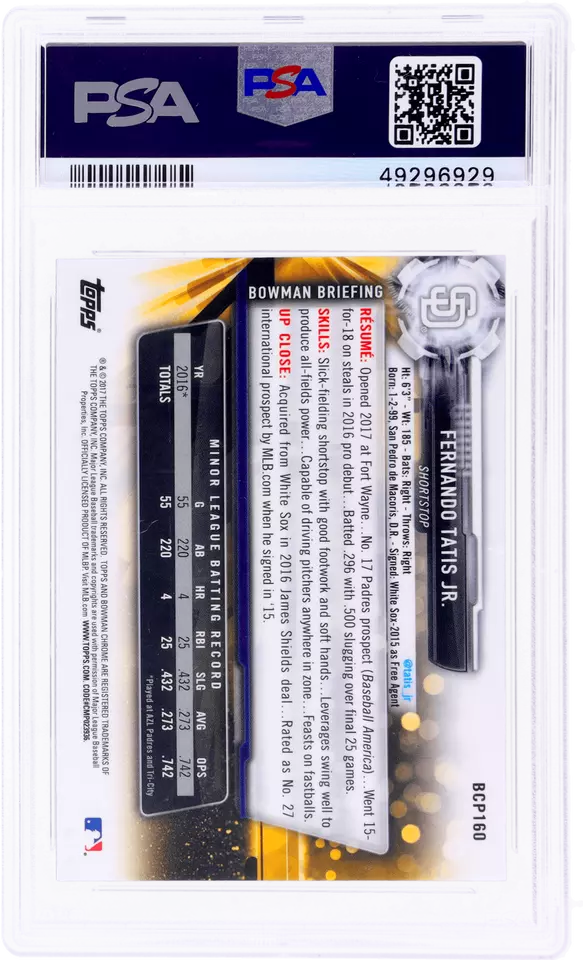 Graded 2017 Topps Bowman Chrome Fernando Tatis Jr. #BCP160 Prospects Rookie RC Baseball Card PSA 10 Gem Mint - Image 2