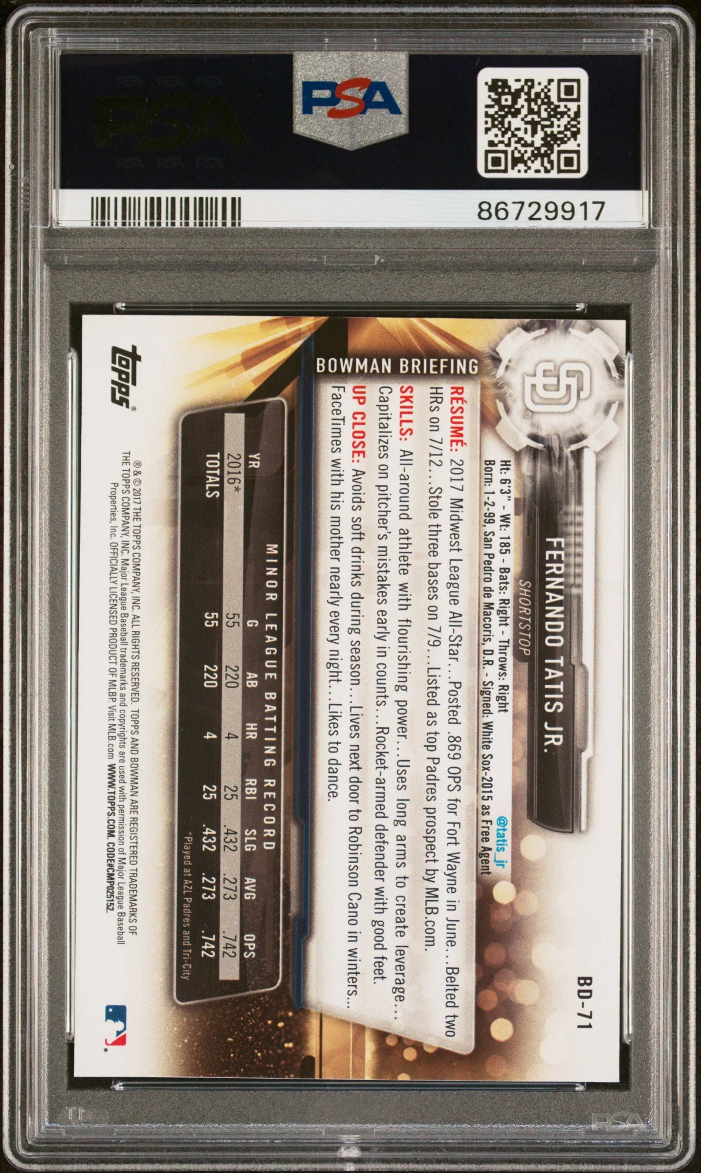 Graded 2017 Topps Bowman Draft Fernando Tatis Jr. #BD71 Rookie RC Baseball Card PSA 10 Gem Mint - Image 2