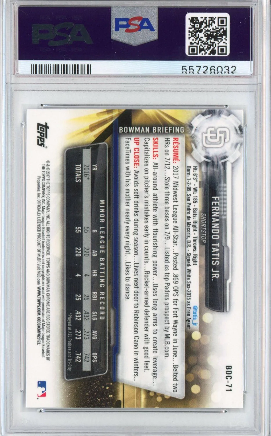 Graded 2017 Topps Bowman Draft Fernando Tatis Jr. #BDC71 Chrome Rookie RC Baseball Card PSA 10 Gem Mint - Image 2