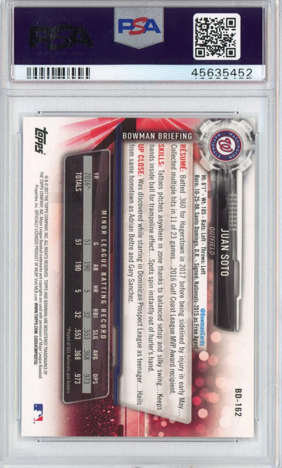 Graded 2017 Topps Bowman Draft Juan Soto #BD162 Rookie RC Baseball Card PSA 10 Gem Mint - Image 2