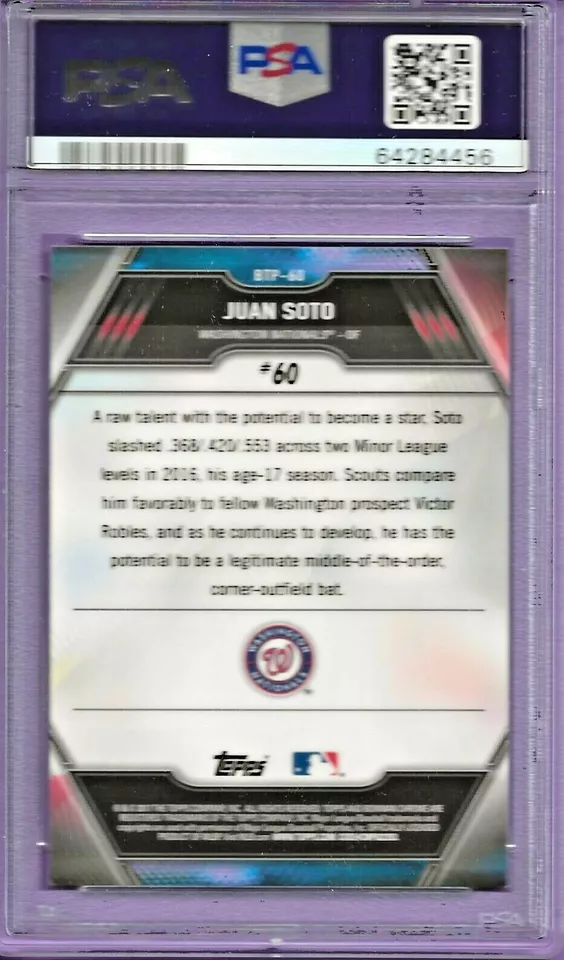 Graded 2017 Topps Bowman Juan Soto #BTP60 Scouts Top 100 Rookie RC Baseball Card PSA 10 Gem Mint - Image 2