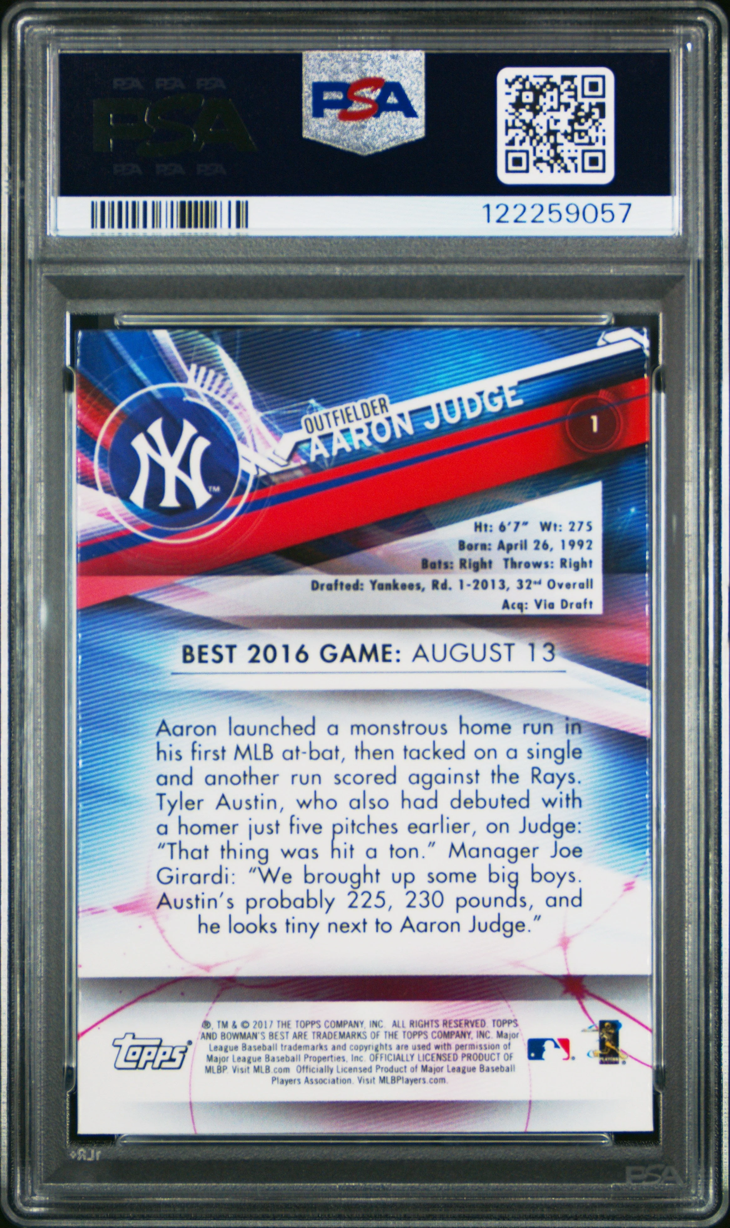 Graded 2017 Topps Bowmans Best Aaron Judge #1 Rookie RC Baseball Card PSA 10 Gem Mint - Image 2