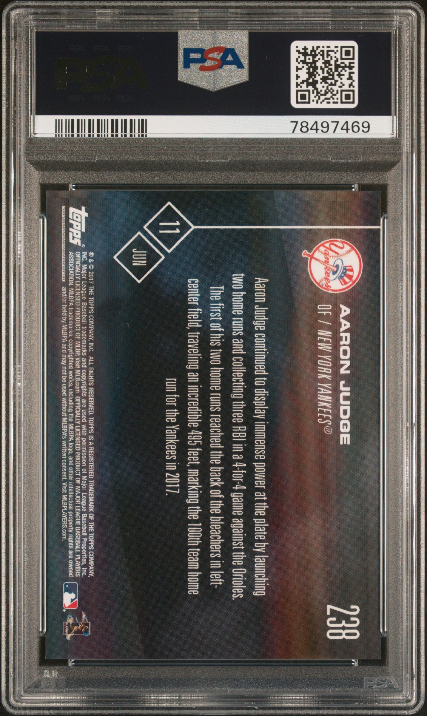 Graded 2017 Topps Now Aaron Judge #238 Rookie RC Baseball Card PSA 10 Gem Mint - Image 2