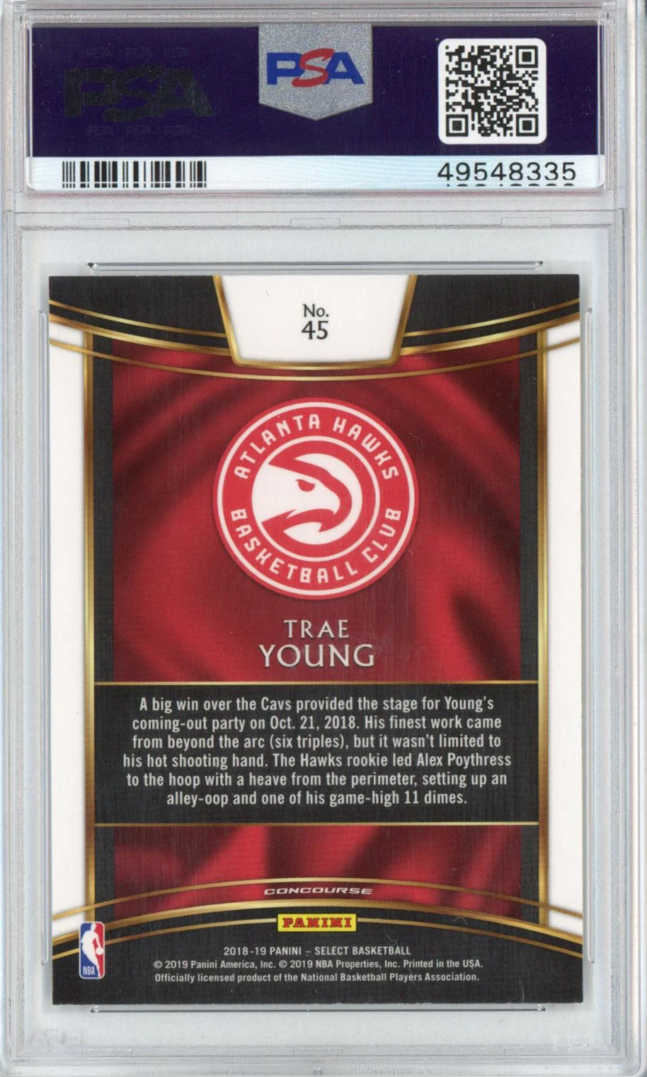 Graded 2018-19 Panini Select Trae Young #45 Concourse Rookie RC Basketball Card PSA 10 Gem Mint - Image 2