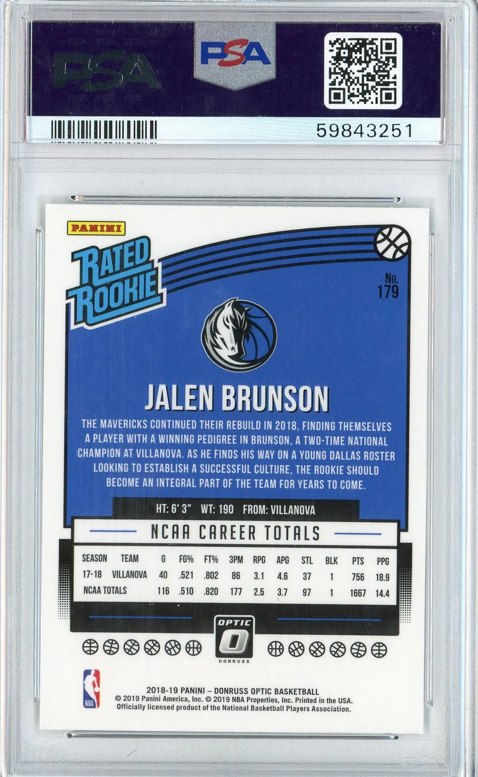 Graded 2018 Panini Donruss Optic Jalen Brunson #179 Rookie RC Basketball Card PSA 10 Gem Mint - Image 2