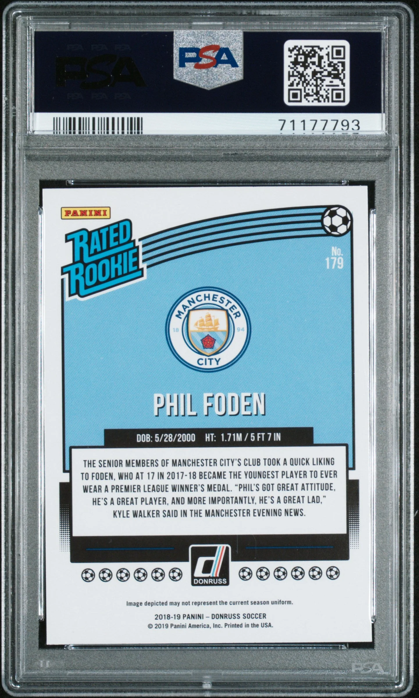 Graded 2018 Panini Donruss Phil Foden #179 Rookie RC Soccer Card PSA 10 Gem Mint - Image 2