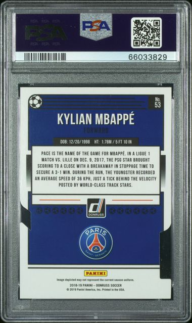 Graded 2018 Panini Donruss Press Proof Die Cuts Kylian Mbappe #53 /100 Soccer Card PSA 9 Mint - Image 2