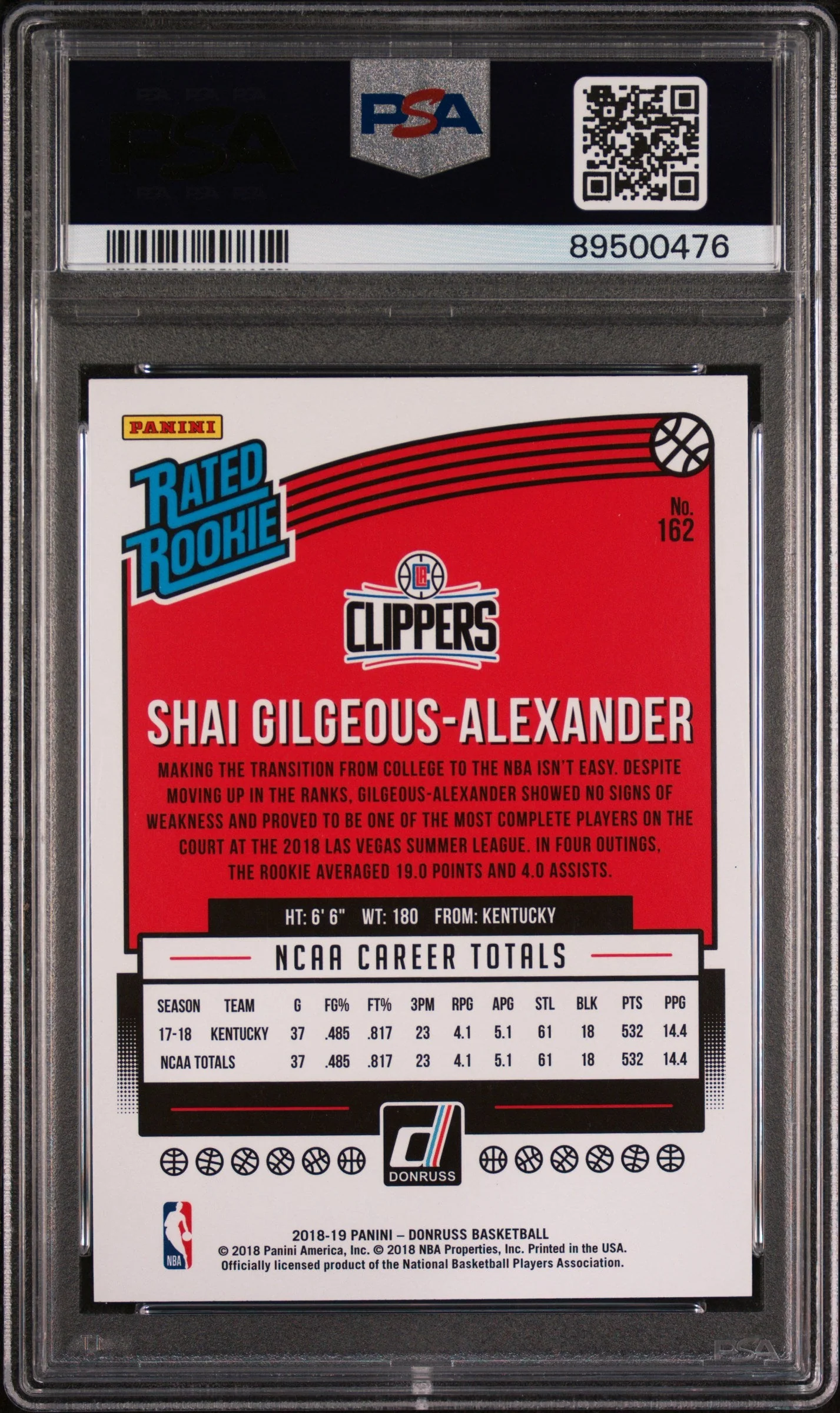 Graded 2018 Panini Donruss Shai Gilgeous-Alexander #162 Rookie RC Basketball Card PSA 10 Gem Mint - Image 2