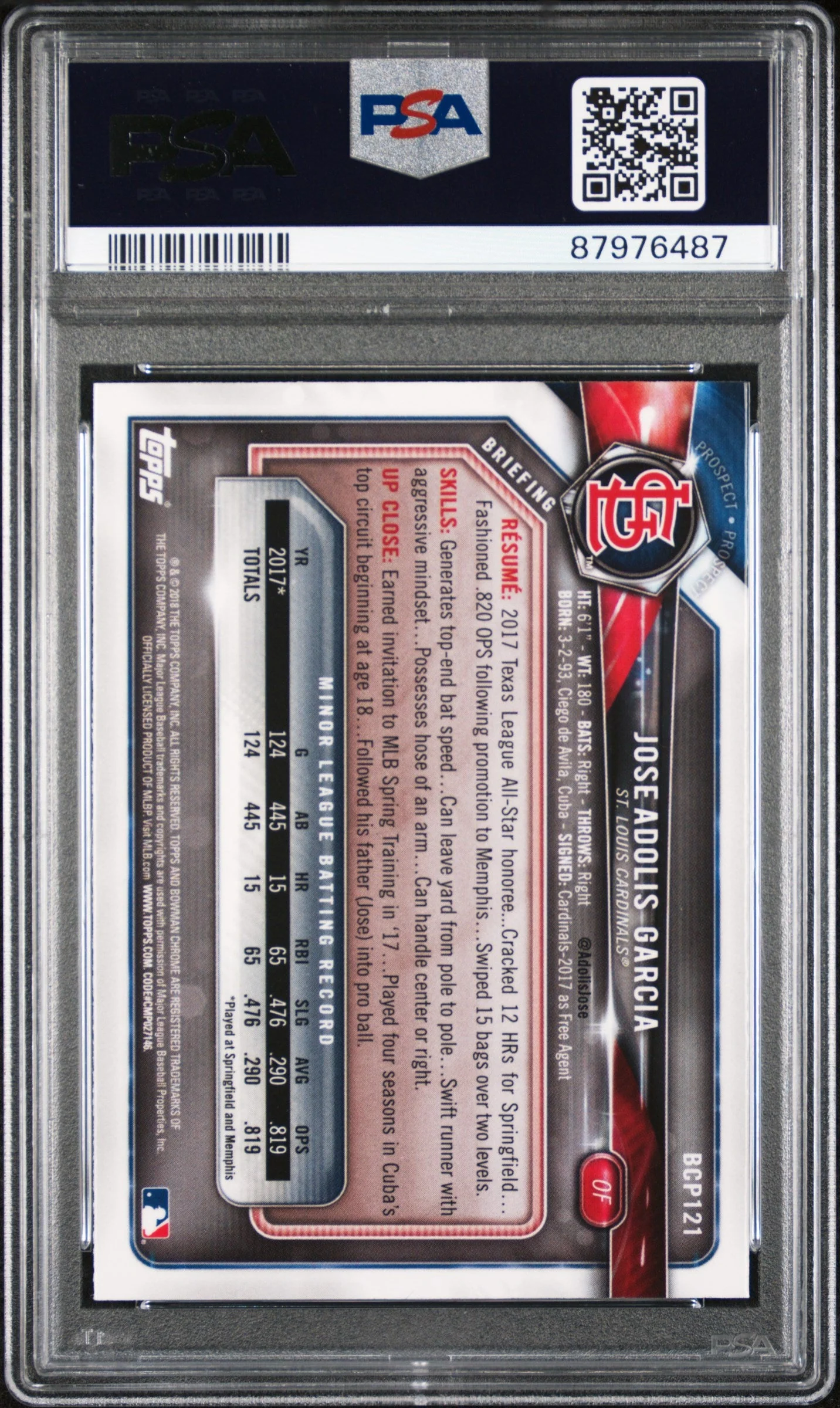 Graded 2018 Topps Bowman Adolis Garcia #121 Prospects Chrome Rookie RC Baseball Card PSA 10 Gem Mint - Image 2