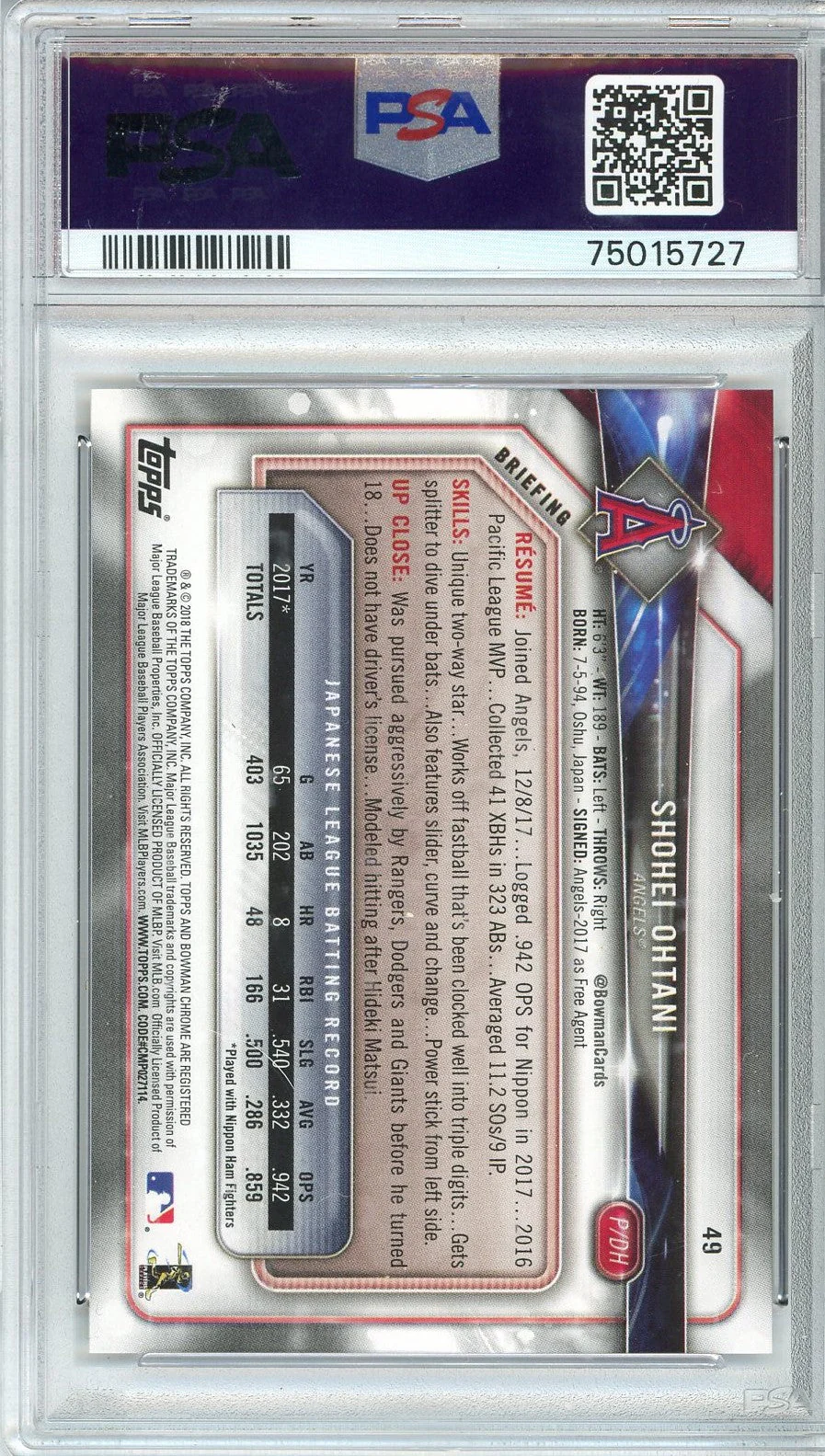 Graded 2018 Topps Bowman Shohei Ohtani #49 Rookie RC Baseball Card PSA 9 Mint - Image 2