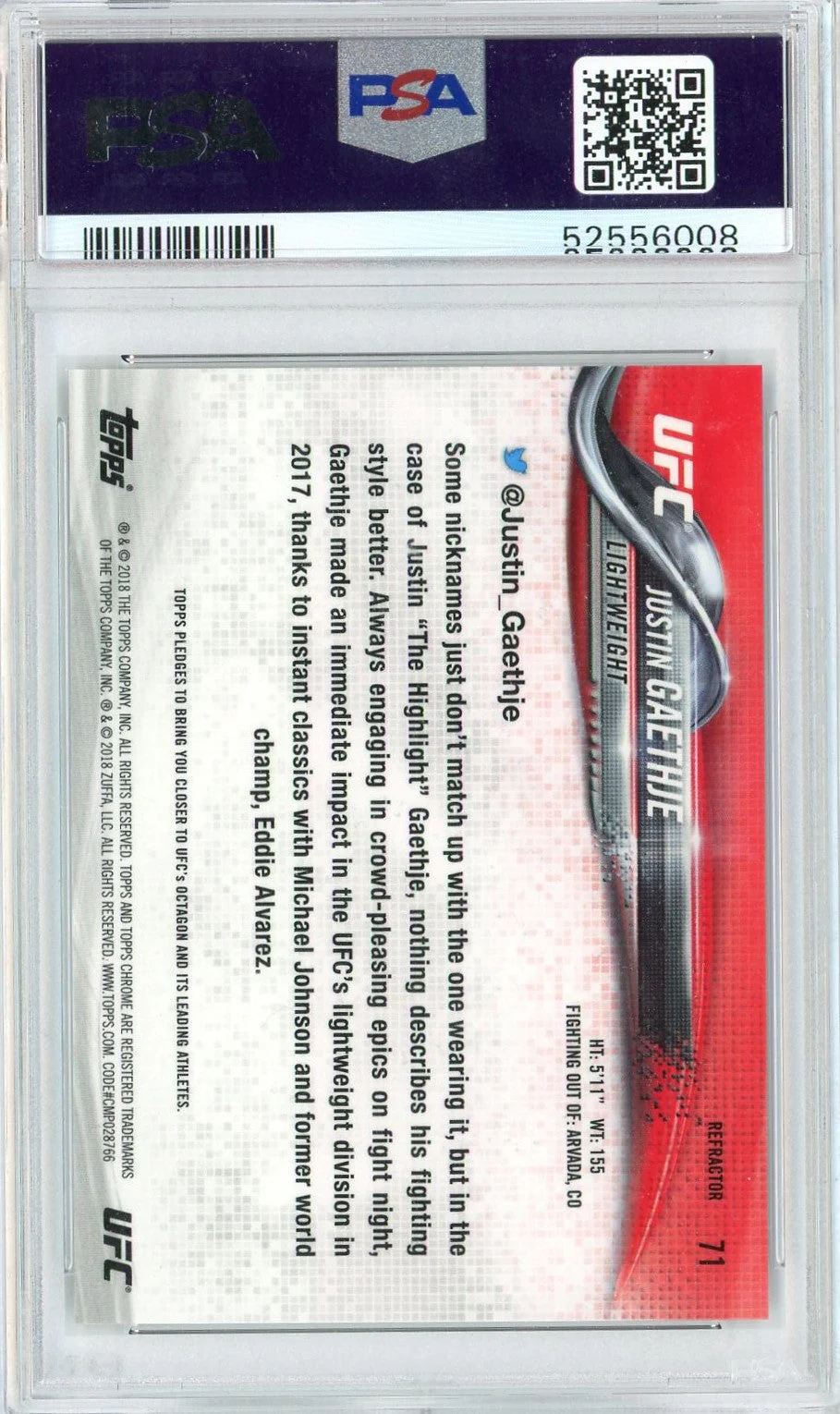 Graded 2018 Topps Chrome Justin Gaethje #71 Refractor Rookie RC UFC MMA Card PSA 10 Gem Mint - Image 2