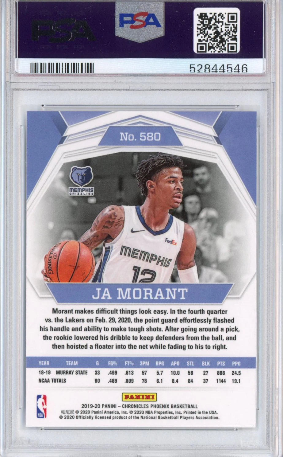 Graded 2019-20 Panini Chronicles Ja Morant #580 Rookie RC Basketball Card PSA 10 Gem Mint - Image 2