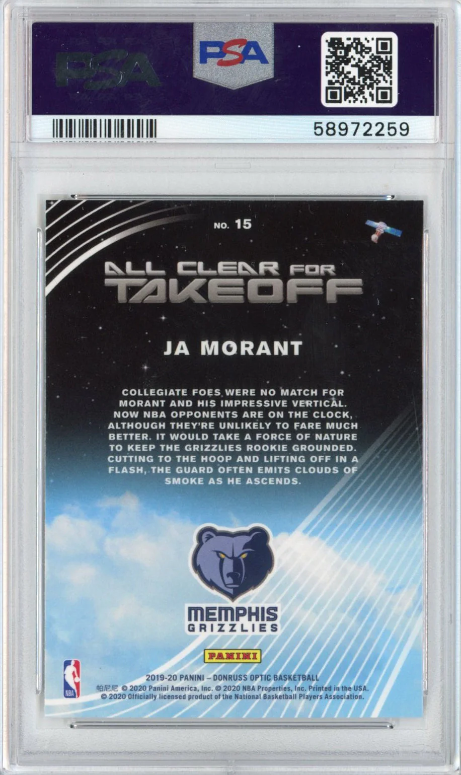 Graded 2019-20 Panini Donruss Optic Ja Morant #15 All Clear For Takeoff Rookie RC Basketball Card PSA 10 Gem Mint - Image 2