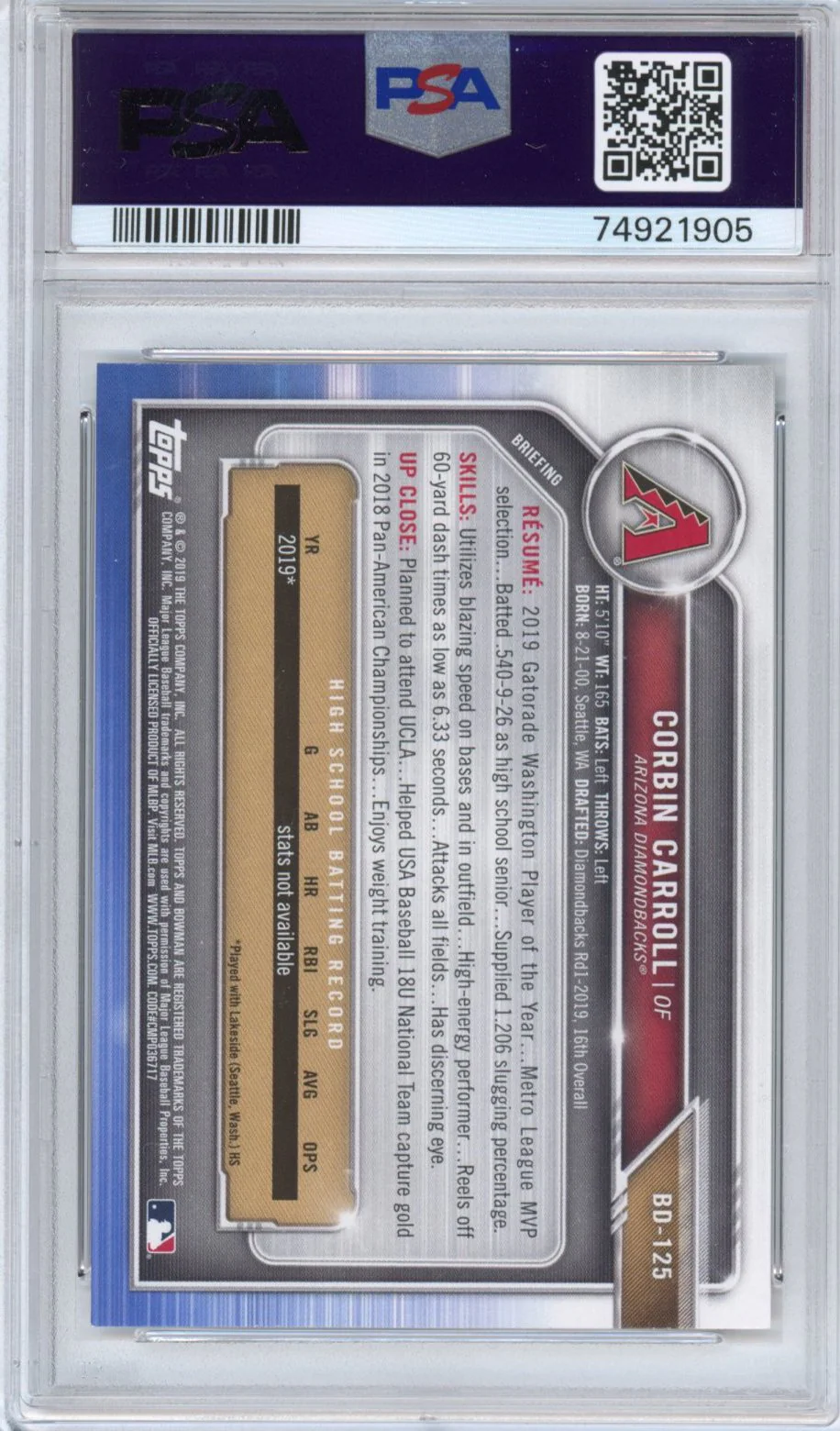 Graded 2019 Bowman Draft Corbin Carroll #BD125 Rookie RC Baseball Card PSA 10 Gem Mint - Image 2