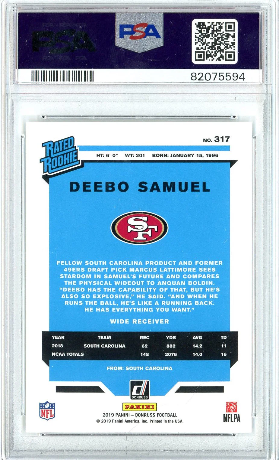 Graded 2019 Panini Donruss Deebo Samuel #317 Rookie RC Football Card PSA 10 Gem Mint - Image 2