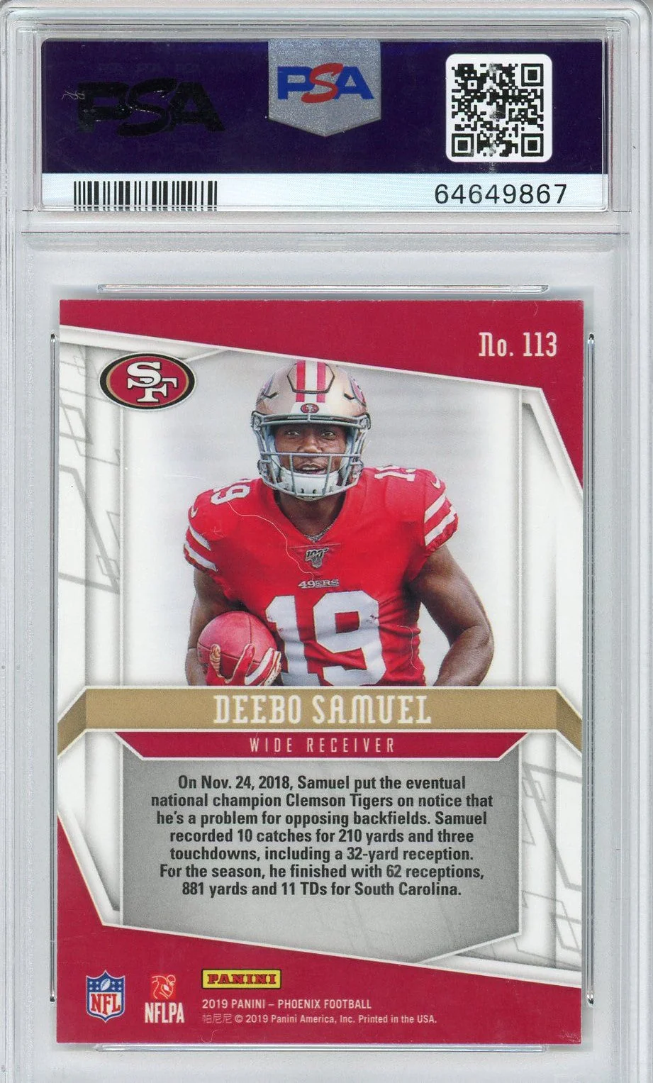 Graded 2019 Panini Phoenix Deebo Samuel #113 Rookie RC Football Card PSA 10 Gem Mint - Image 2