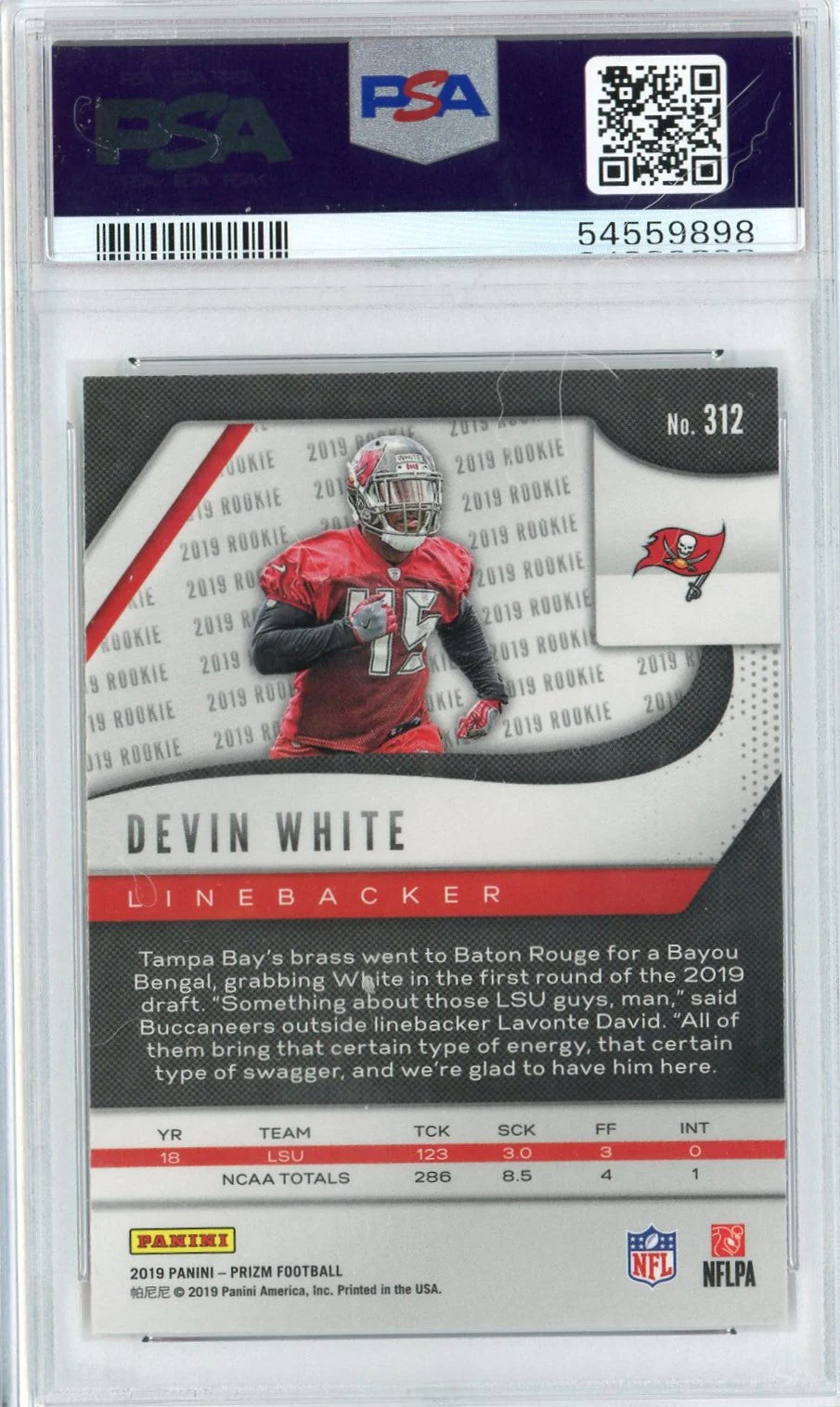 Graded 2019 Panini Prizm Devin White #312 Rookie RC Football Card PSA 10 Mint - Image 2