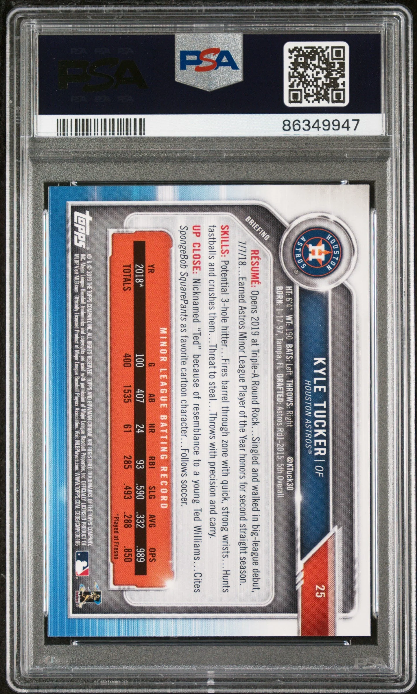 Graded 2019 Topps Bowman Chrome Kyle Tucker #25 Rookie RC Baseball Card PSA 10 Gem Mint - Image 2
