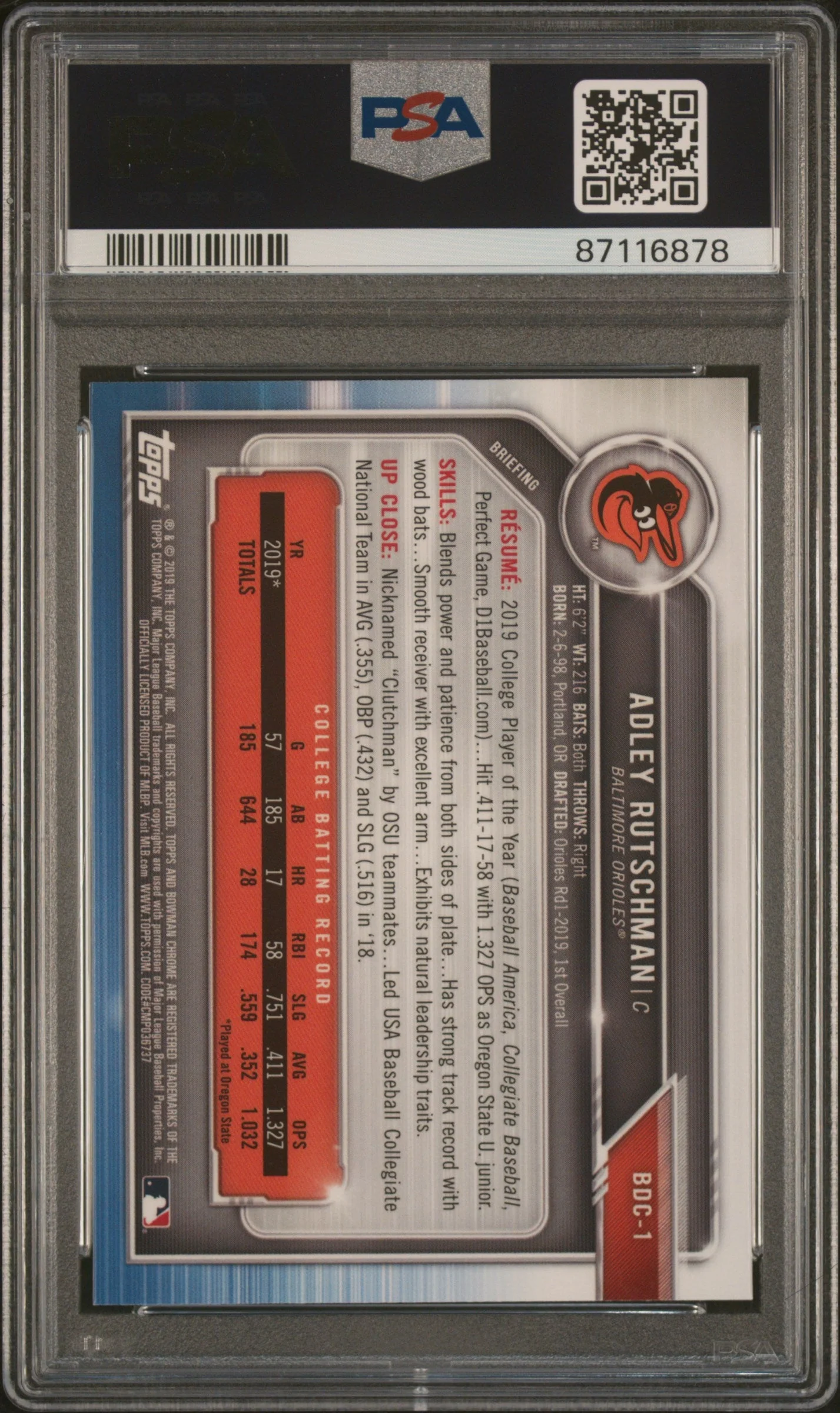 Graded 2019 Topps Bowman Draft Adley Rutschman #BDC1 Chrome Batting Rookie RC Baseball Card PSA 10 Gem Mint - Image 2