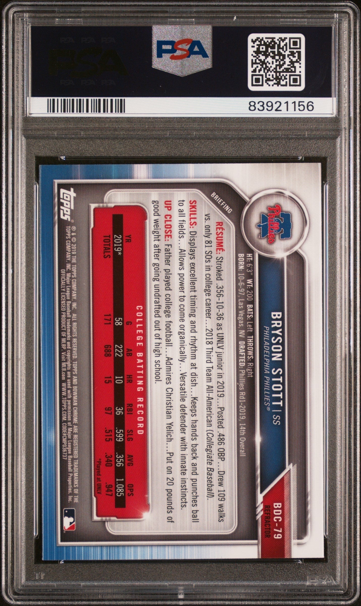 Graded 2019 Topps Bowman Draft Bryson Stott #BDC79 Chrome Refractor Rookie RC Baseball Card PSA 10 Gem Mint - Image 2