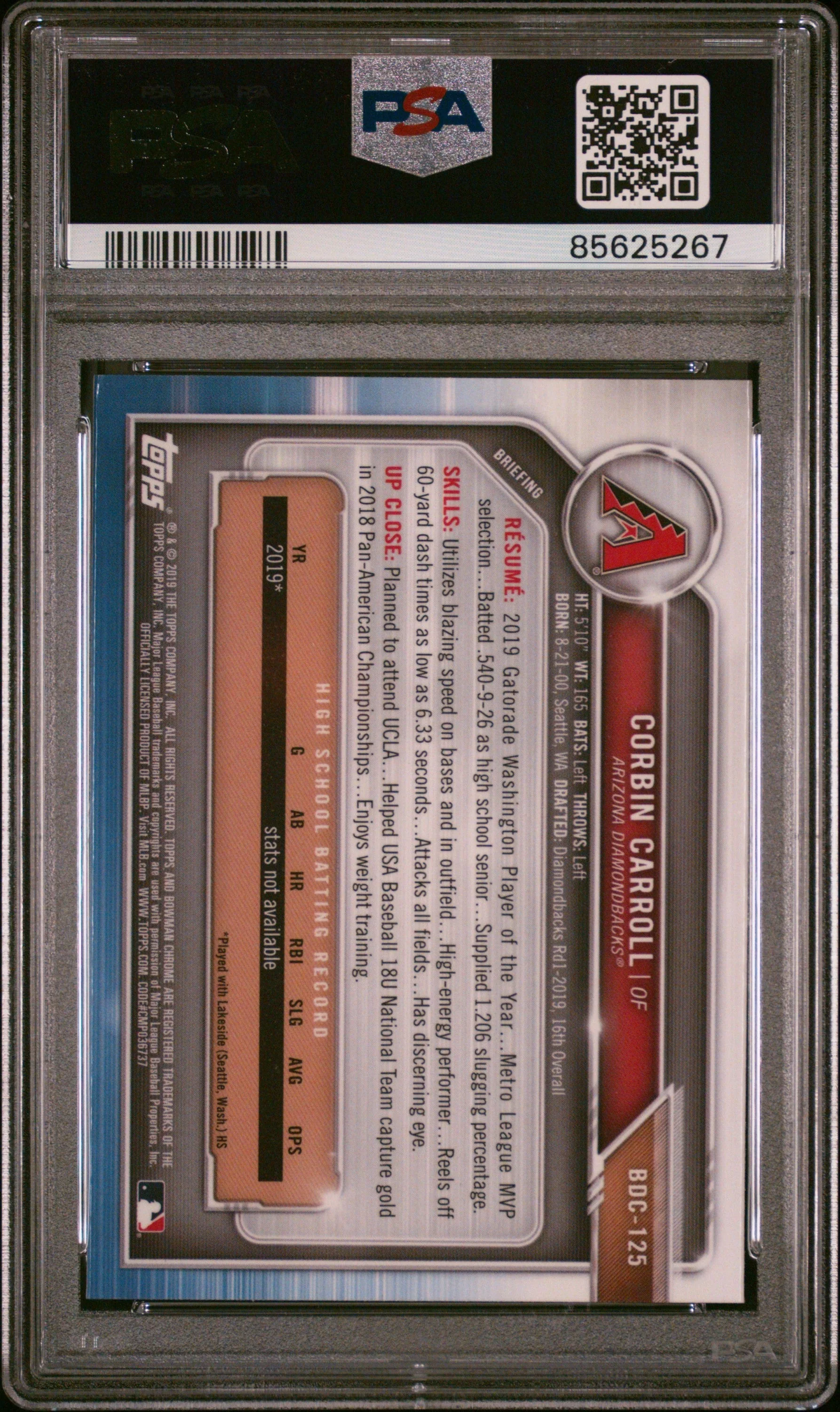 Graded 2019 Topps Bowman Draft Corbin Carroll #BDC125 Chrome Rookie RC Baseball Card PSA 9 Mint - Image 2
