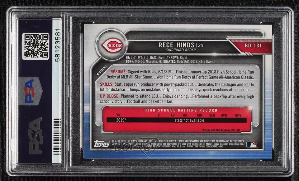 Graded 2019 Topps Bowman Draft Rece Hinds #BD131 Rookie RC Baseball Card PSA 10 Gem Mint - Image 2