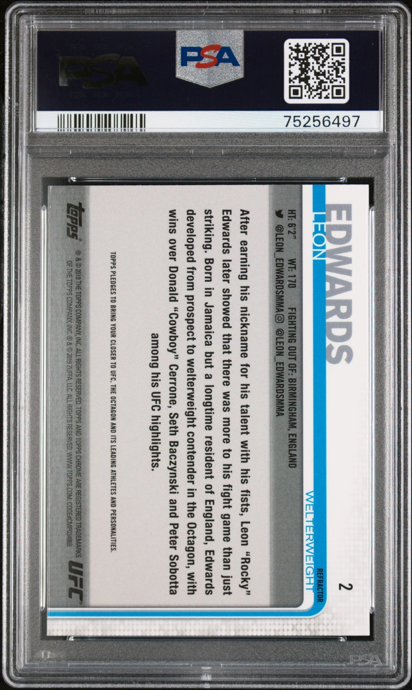 Graded 2019 Topps UFC Chrome Leon Edwards #2 Refractor Rookie RC UFC MMA Card PSA 10 Gem Mint - Image 2