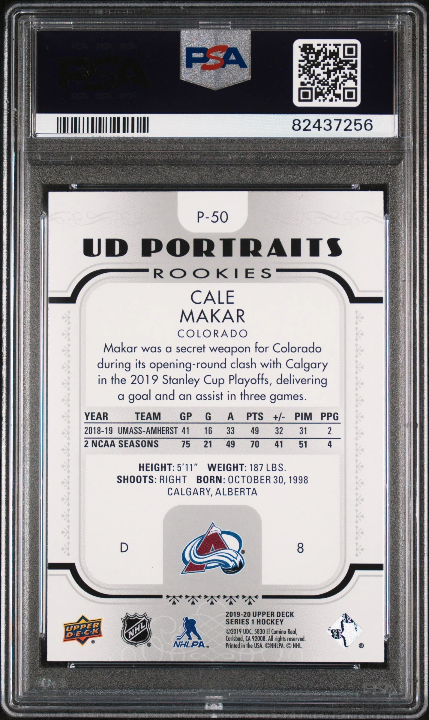 Graded 2019 Upper Deck Cale Makar #P50 Portraits Rookie RC Hockey Card PSA 10 Gem Mint - Image 2